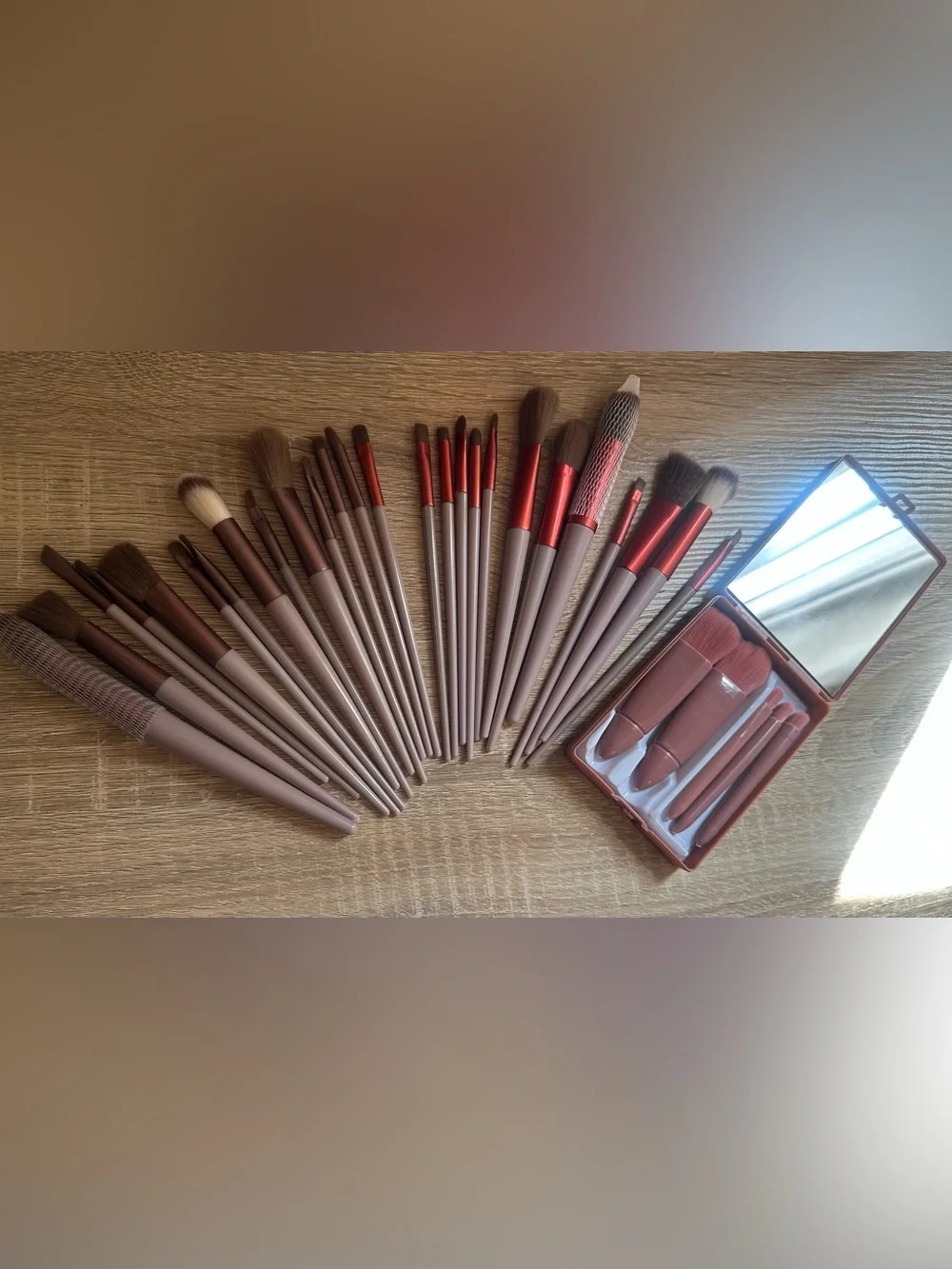 Neutral Taupe Makeup Brush Set with Red Ferrules